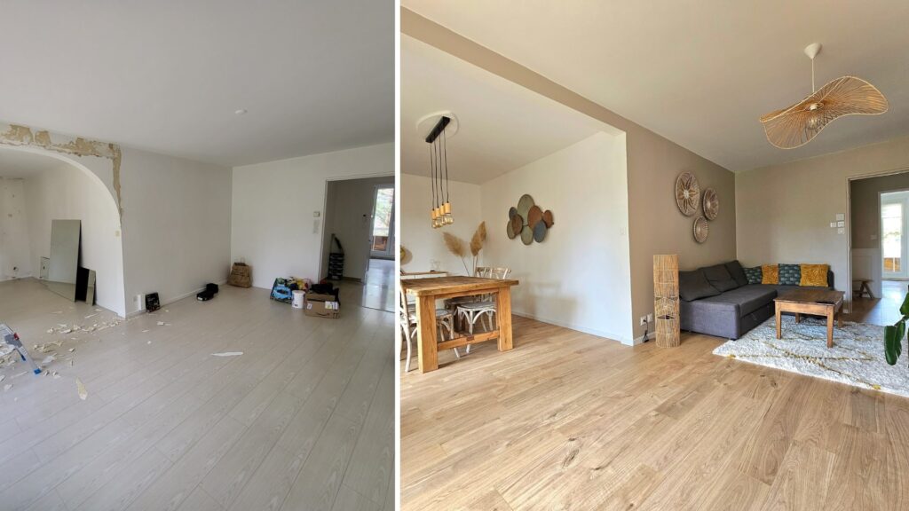 destruction de cloisons, pose d’un parquet et peinture des murs et plafonds